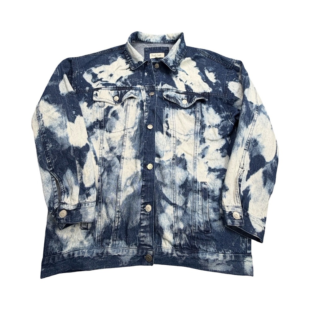 Peach Love Denim Jacket Womens L Blue White Acid Wash Trucker Bleached Splatter